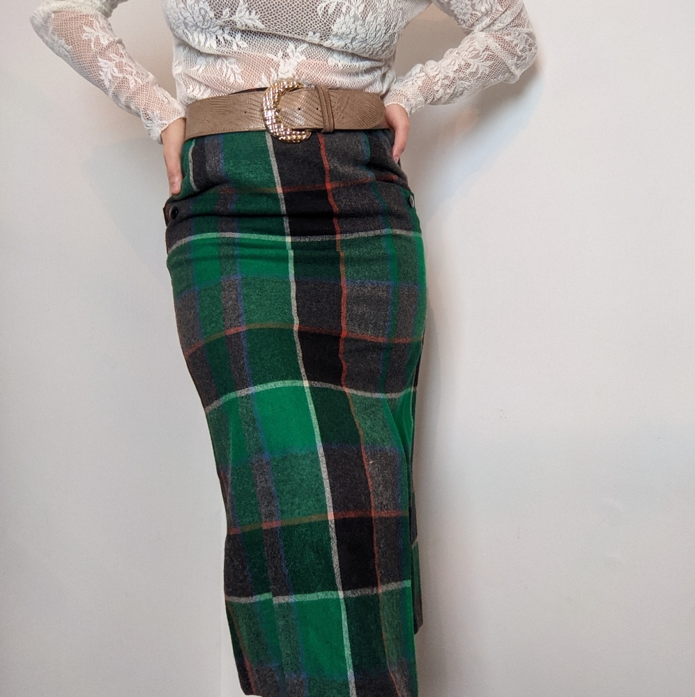 Vintage High Waisted Wool Plaid Longline Skirt - Picture 7 of 9